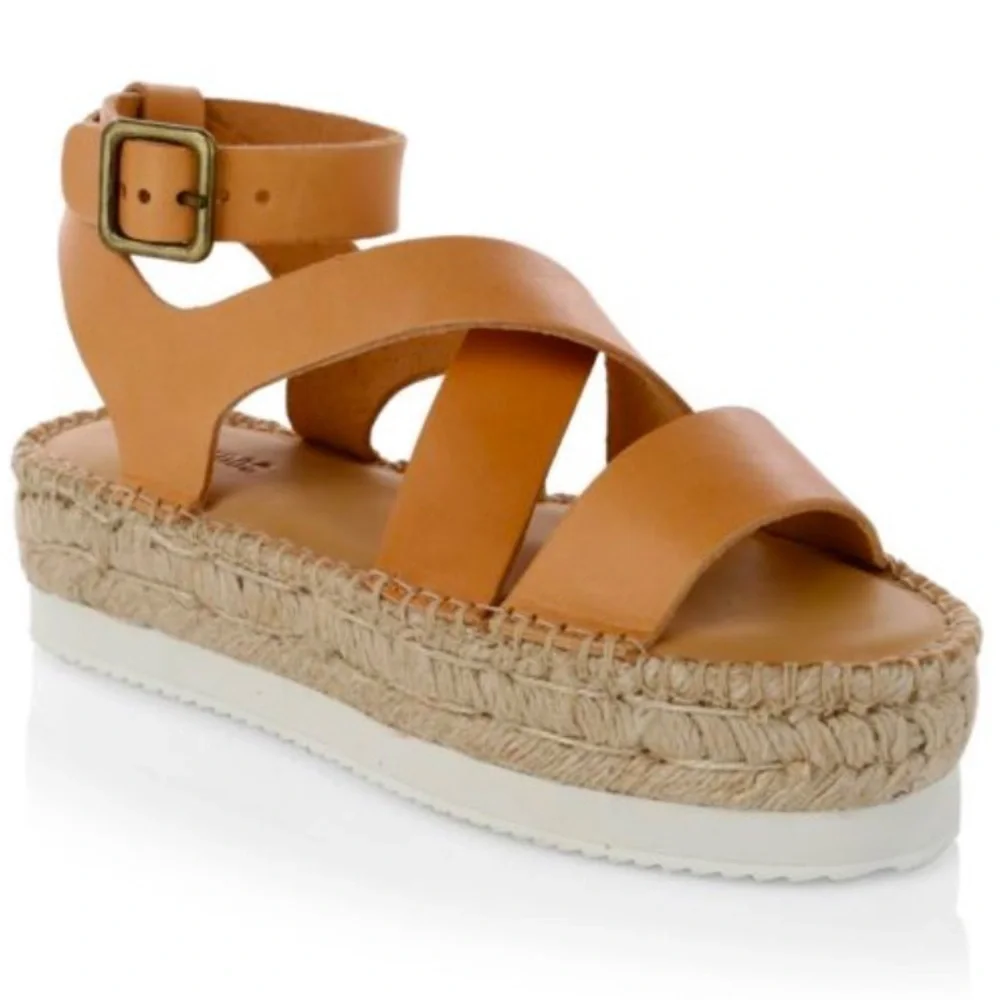 Soludos Olympia Platform Espadrille Sandals size 9 tan leather straps